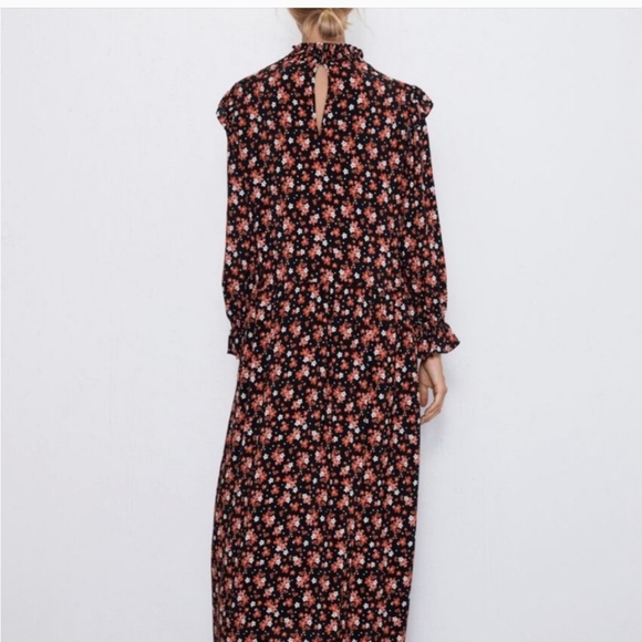 ZARA Ruffle Floral Cottage Dress midi maxi Black red NWT XXl - Picture 3 of 15